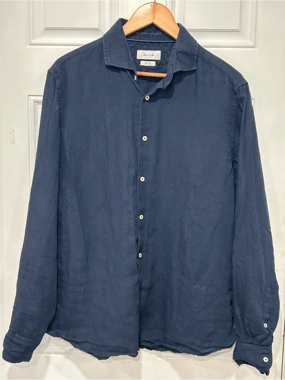 Porter & Ash Navy Blue 100% Linen Long Sleeve Button Up Shirt Men's Sz L